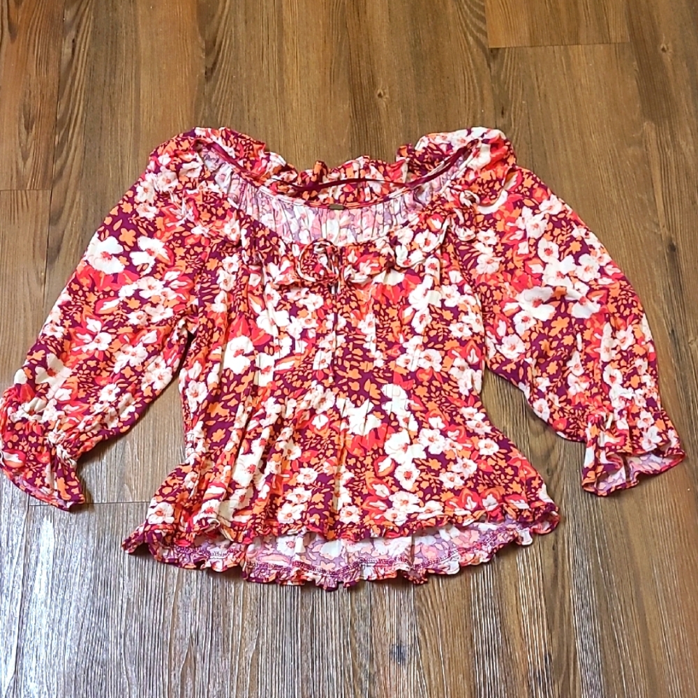 Free People Floral Blouse - Red and White